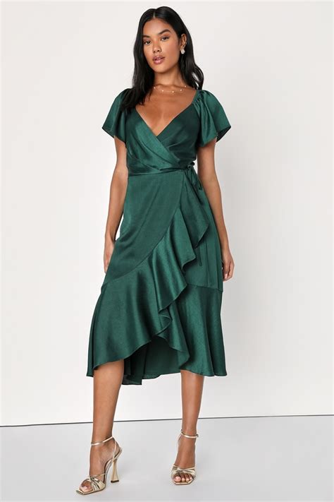 Emerald Green Wrap Dress Midi Wrap Dress Ruffled Wrap Dress Lulus