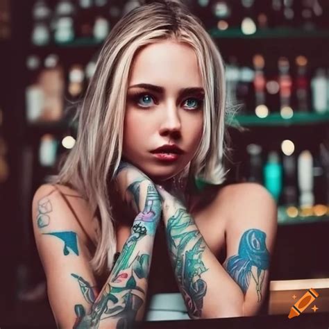 Inked Blonde Girl With Perfect Green Eyes In A Bar On Craiyon