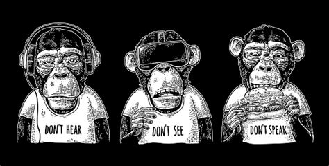 Three Wise Monkeys Not See Not Hear Not Speak Vintage Engraving Stock