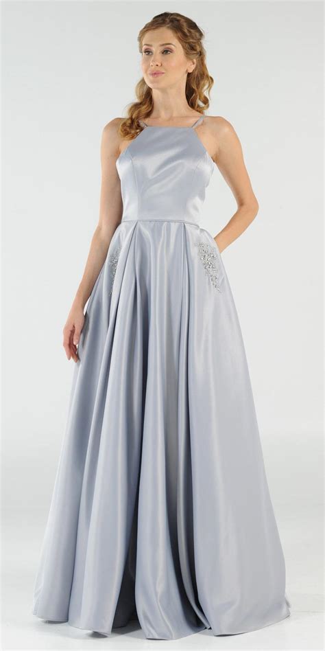 Poly Usa 8272 Navy Blue Long Satin Prom Dress Halter