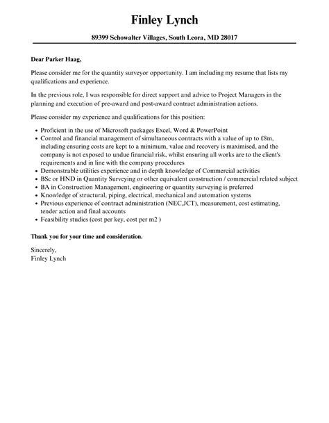 Quantity Surveyor Cover Letter Velvet Jobs
