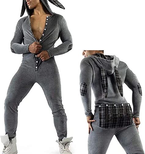Mens Onesie Hooded Button Flap One Piece Jumpsuit Button Crotch One