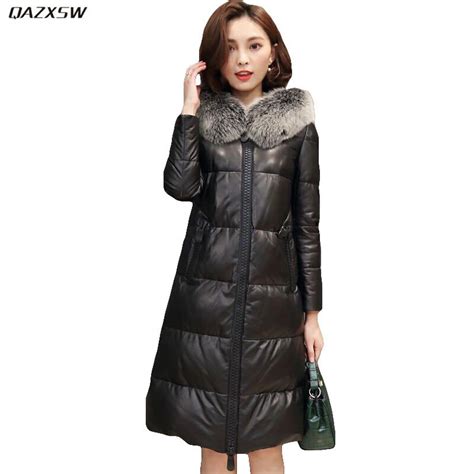 2019 New Genuine Leather Down Jacket Women Winter Long Casual Fur
