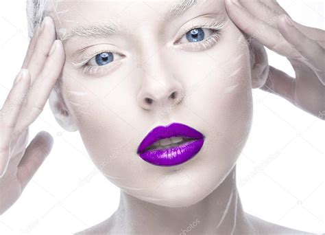 Beautiful Girl In The Image Of Albino With Purple Lips And White Eyes Art Beauty Face Stock