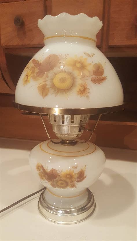 Vintage Fenton Milk Glass Hurricane Lamp Gold Brown Neutrals Sunflowers Gone With The Wind