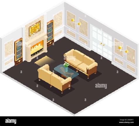 Isometric Luxury Interior For Living Room With Fireplace Sofas Table