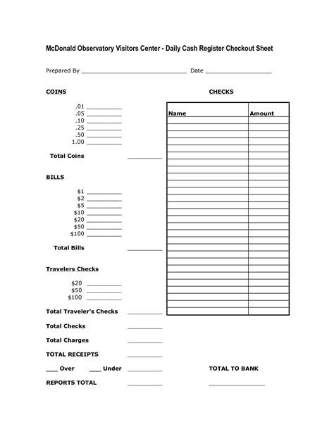 Cash Register Free Printable Cash Drawer Count Sheet Printable Templates