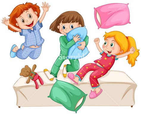 three girls playing pillow fight at the slumber party illustration clipart wikiclipart