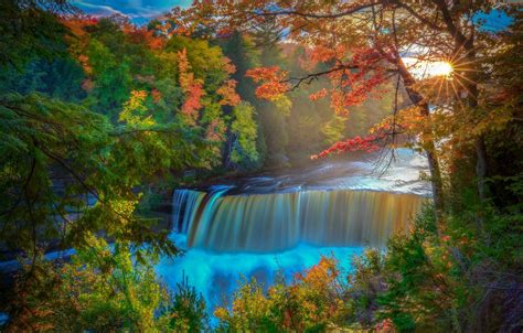 Wallpaper Autumn Forest Trees River Waterfall Michigan Michigan