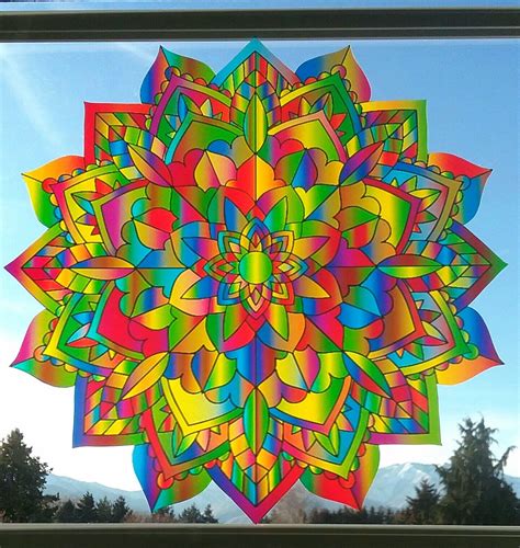 Mandala Flower Suncatcher Window Cling Stained Glass Color Etsy Window Art Flower Mandala