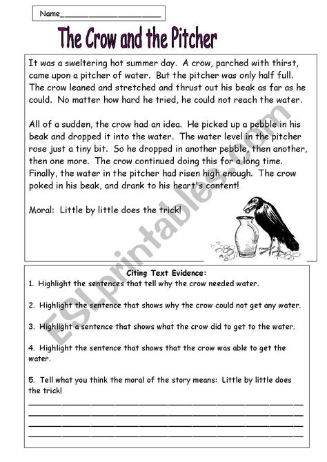 The Crow And The Pitcher A Fable By Aesop Esl Worksheet By Eileenclaire
