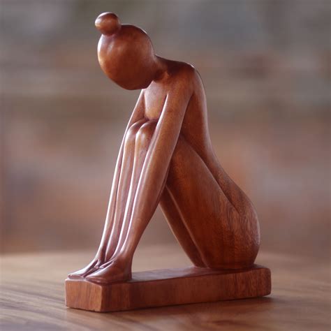 Indonesian Hand Carved Signed Wooden Sculpture Of Female Shy Girl