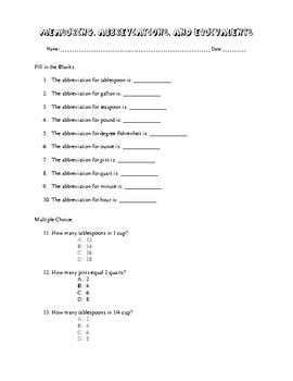 Measuring Abbreviations And Equivalents Test For Culinary By The 3