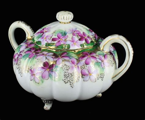 ANTIQUE HAND PAINTED NIPPON VIOLETS LEAVES 3 FOOTED LIDDED SUGAR BOWL