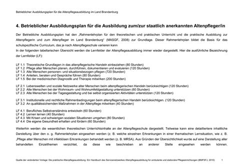 Jahr) schon im ersten lehrjahr werden pflegeschüler mit einer breiten themenvielfalt konfrontiert, die von den organisatorischen grundlagen über die körperpflege bis hin zu verschiedenen prophylaxemaßnahmen reicht. Betrieblicher Ausbildungsplan für die Altenpflegeausbildung