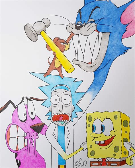 A Collection Of Some Cartoon Characters In Coloured Pencil Rdrawing