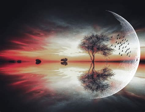 Moon Fantasy Art Trees Birds Landscape Lake Reflection Wallpapers