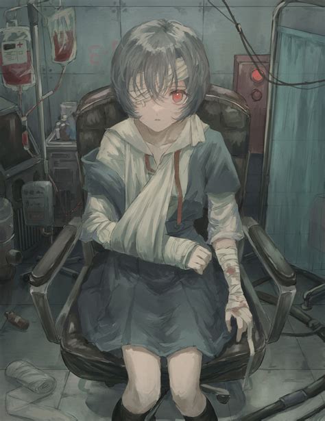 Safebooru 1girl Ayanami Rei Bandage Over One Eye Bandaged Arm