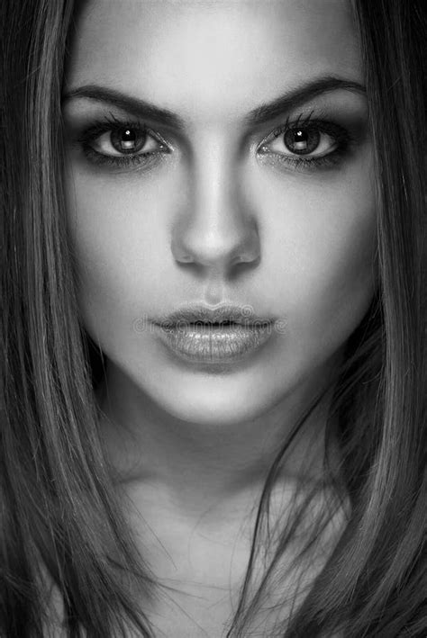 Portrait Of A Young Beautiful Brunette Girl Black And White Stock