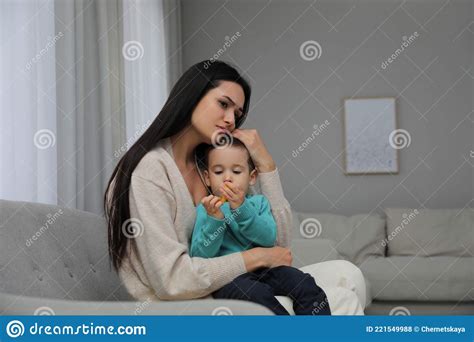 Depressed Single Mother With Child In Room Stock Photo Image Of Home