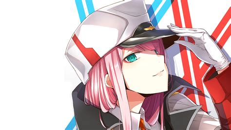 Darling In The Franxx Zero Two With Hat With White Background And Blue And Red Lines 4k Hd Anime