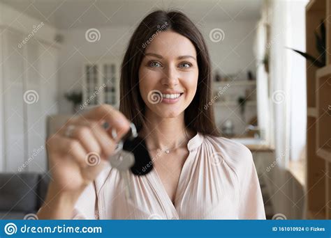Head Shot Portrait Smiling Woman Satisfied Customer Holding Keys Stock