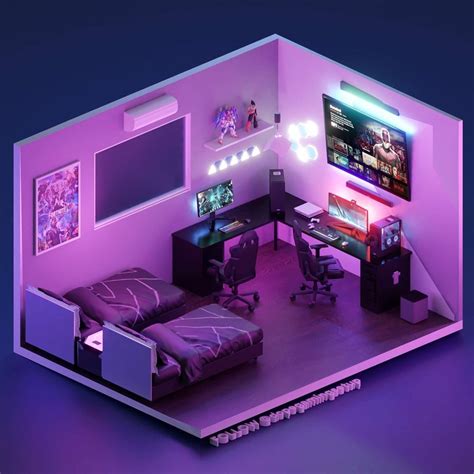 A Room With Purple Lighting And Furniture In It