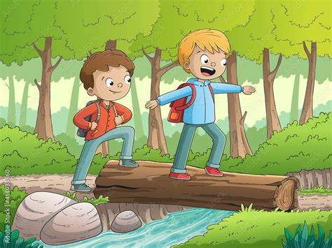 Two Boys Walking Through The Forest Hand Drawn Vector Illustration