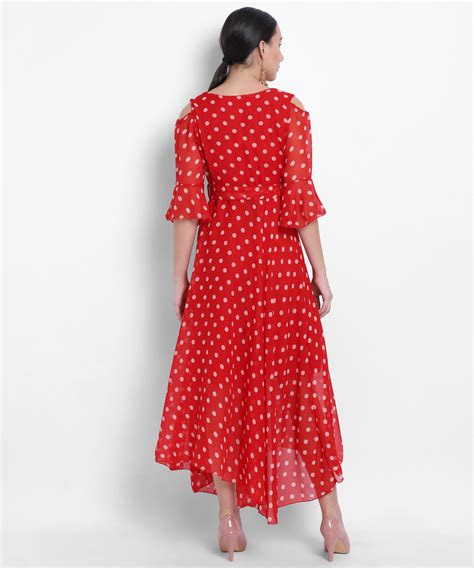 Buy Shivalaya Rwd Ab Red Polka Dot V Neck Dress With Waist Knotes
