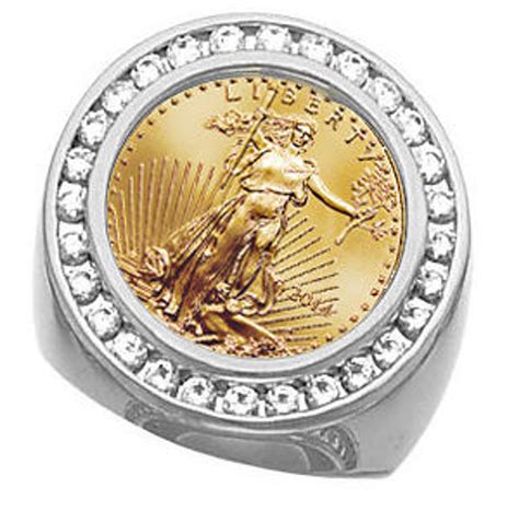 18k White Gold Mens Diamond Coin Ring With A 22k 110 Oz American Eagle