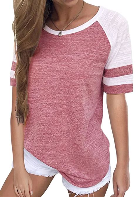 Women T Shirt Summer Short Sleeve Tops Tee Striped O Neck Baseball T Shirt Cameo Brown Casual