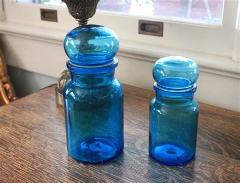 Vintage Belgium Blue Glass Containers Apothecary Jars