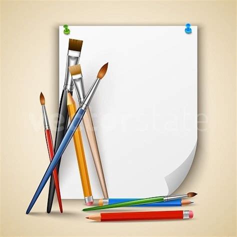 Art Color Paintbrushes And Pencils With Sheet Of Paper Vector