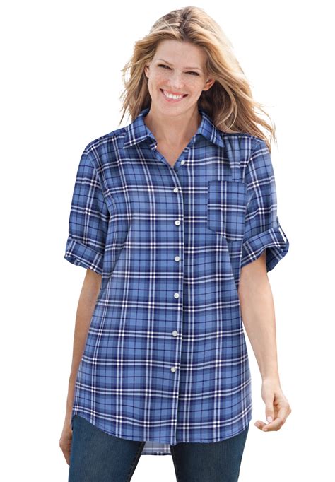 woman within women s plus size short sleeve button down seersucker shirt button down seersucker