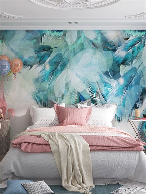 Nordic Minimalism Blue Feather Wallpaper Mural Exquisite Etsy