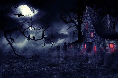 Creepy Foggy Full Moon Night Haunted House Dark Backdrops High Quality