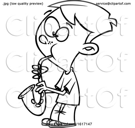 Clipart Of A Cartoon Black And White Boy Playing A Saxophone Royalty