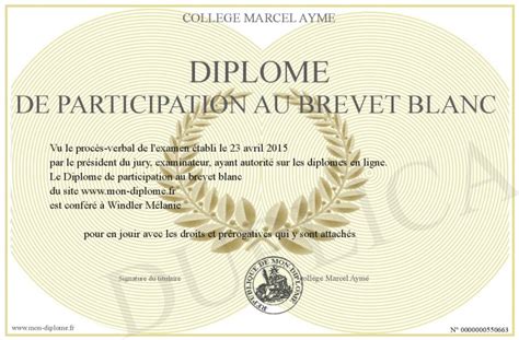 Diplome De Participation Au Brevet Blanc