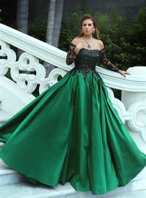 off the shoulder green satin prom ball gowns with black lace long