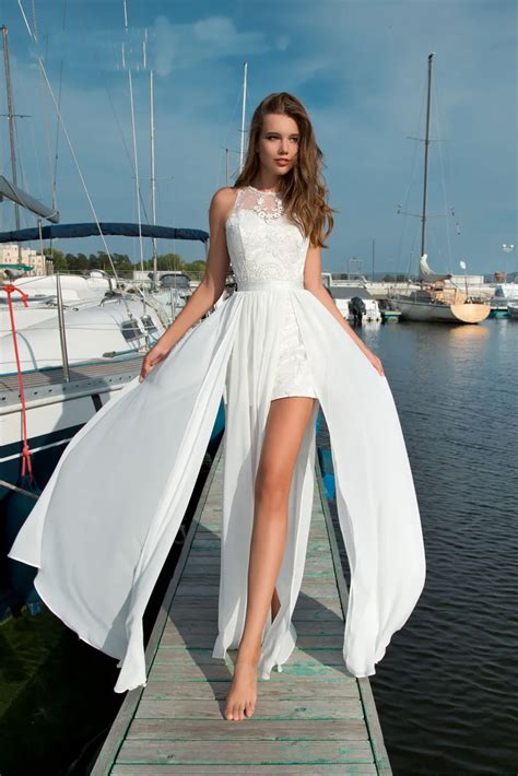 2018 Simple White Beach Wedding Dress Chiffon Lace Bodice A Line Split