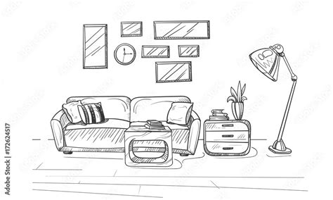 Hand Drew Sketch Of The Modern Living Room Interior Room Interior With
