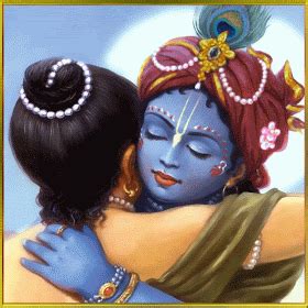 A Painting Of Two Women Hugging Each Other With Their Faces Painted In Blue And Gold