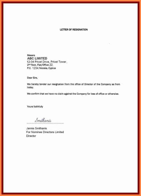 Employer Month Notice Resignation Letter Template