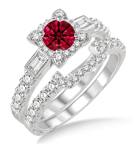 15 Carat Ruby And Diamond Vintage Floral Bridal Set Engagement Ring On