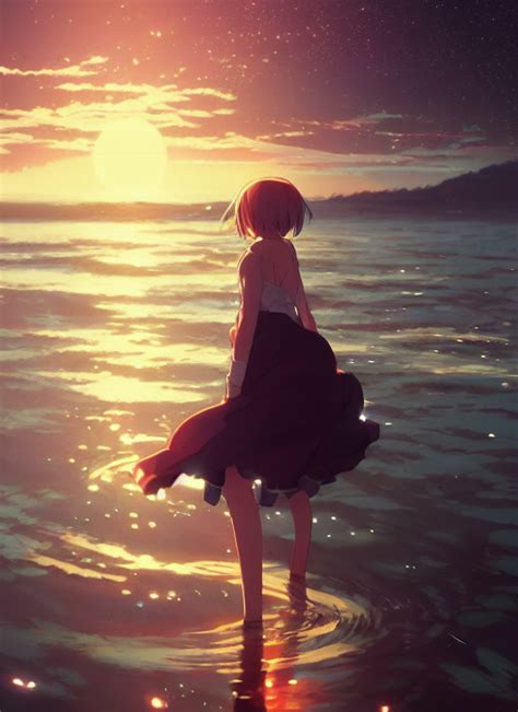 Krea Ai Anime Girl Walking On Water Ripples Reflections