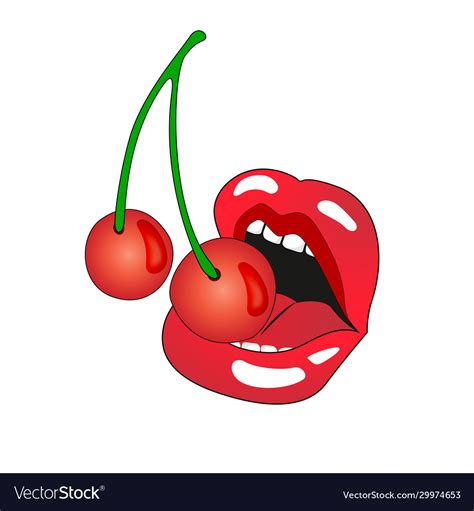 Female Sexy Red Lips With A Juicy Cherry Vector Image