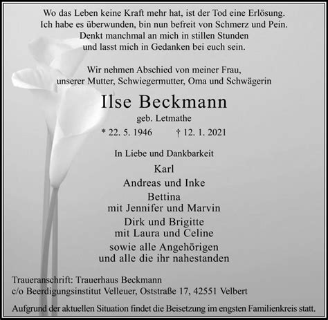 Traueranzeigen Von Ilse Beckmann Trauer In NRW De