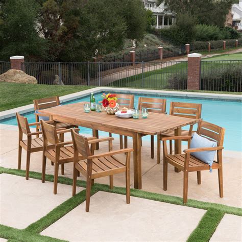 William Outdoor 9 Piece Acacia Wood Dining Set with Expandable Dining ...