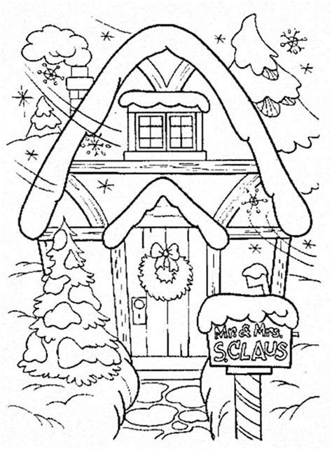 A Coloring Page With A House In The Snow And A Sign That Says Santa Claus