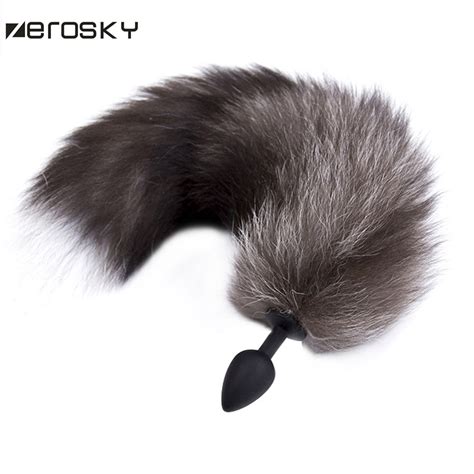 Zerosky Silicone Butt Plug Black Fox Tail Anal Plug Smooth Fur Sex Toys